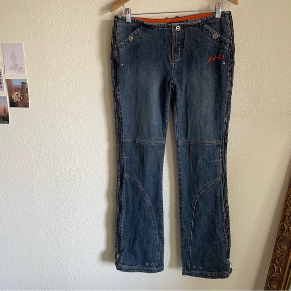Vintage Harley Davidson Side Zipper Denim Jeans Low / Mid Rise 00s Y2K Blue Long - Picture 1 of 11